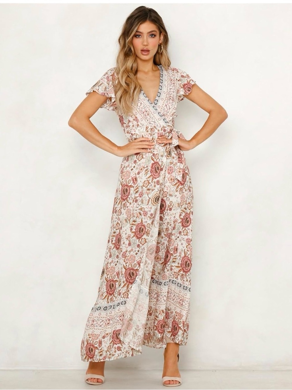 Pretty Garden Floral Boho Wrap Maxi Dress Small Pink Cream Cottagecore